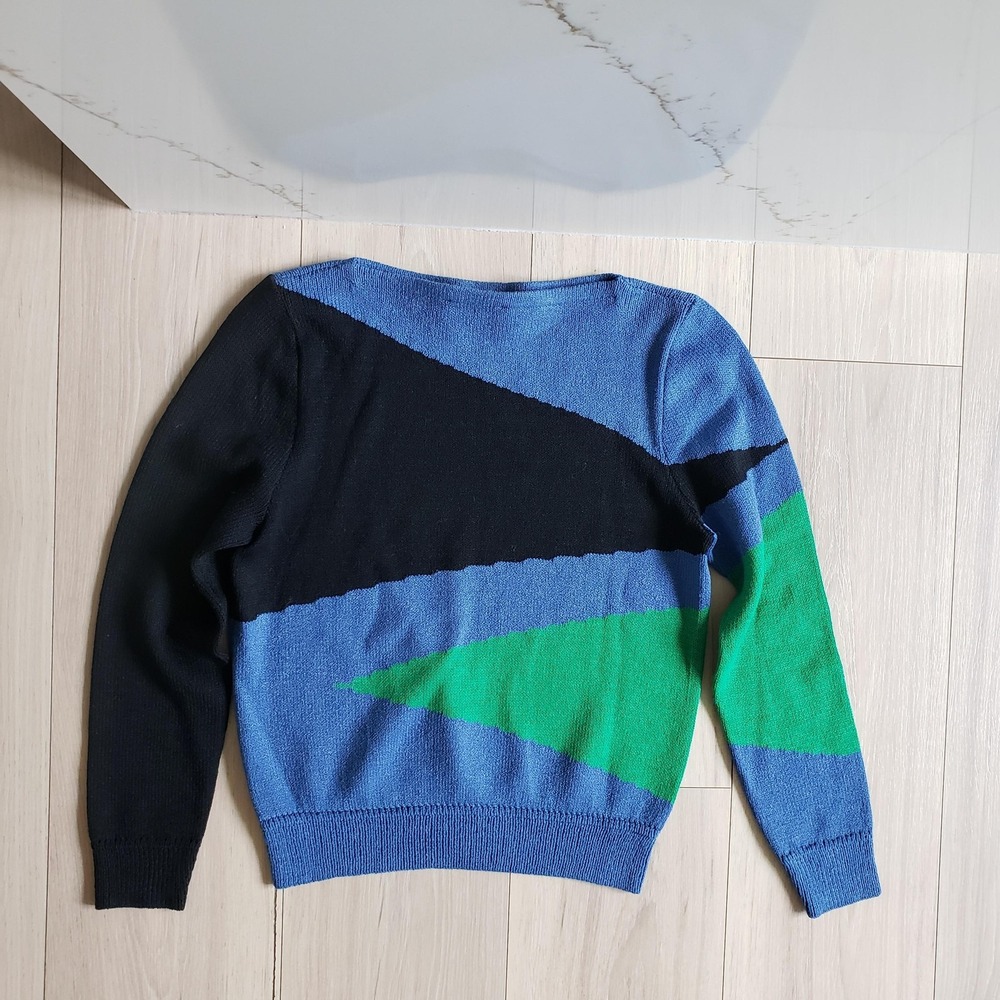 St. John Sweater Womens S Blue Green Geometric Boat Neck Knit Vintage Pullover